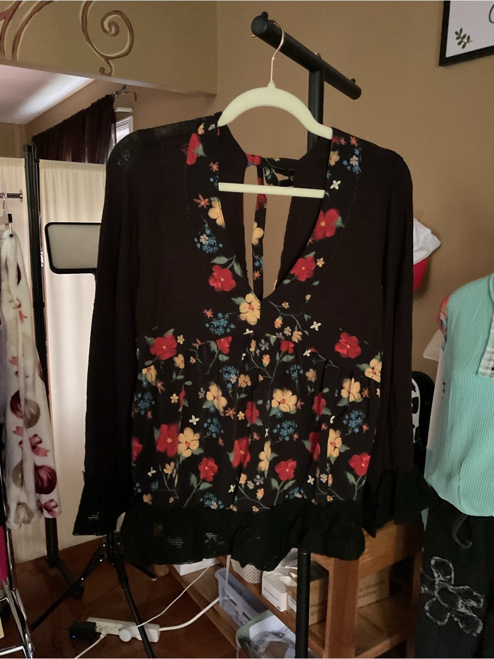 POL Floral Peasant Blouse in Black with Red & Yellow Flowers
